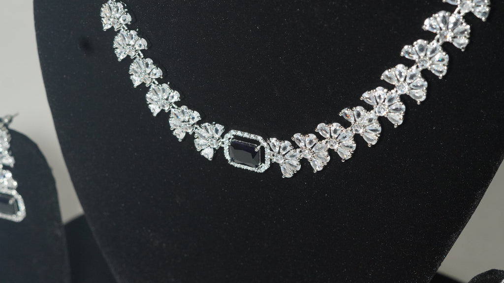 Silver-Plated Black Stone Floral AD Necklace with Matching Drop Earrings