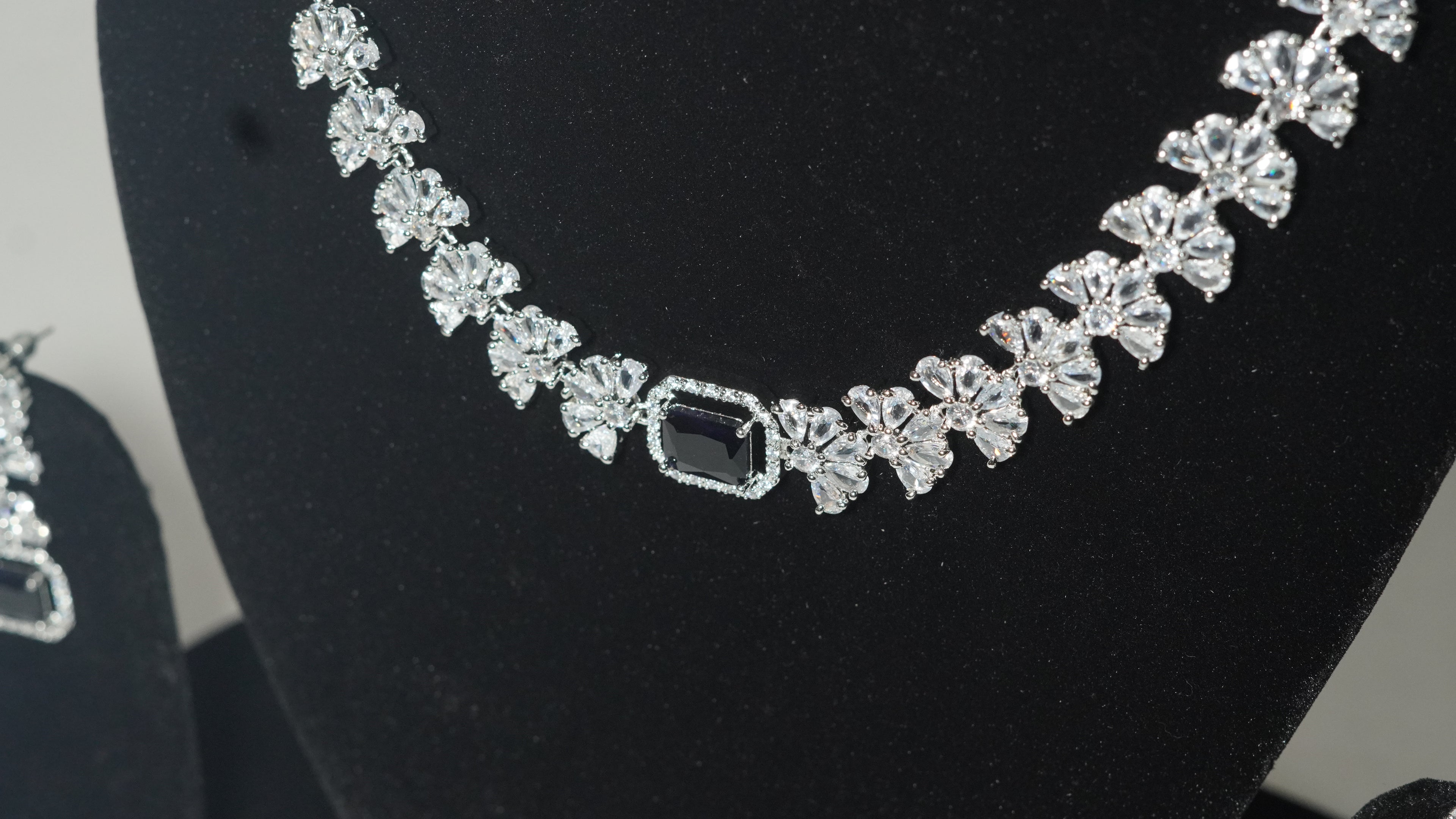 Silver-Plated Black Stone Floral AD Necklace with Matching Drop Earrings