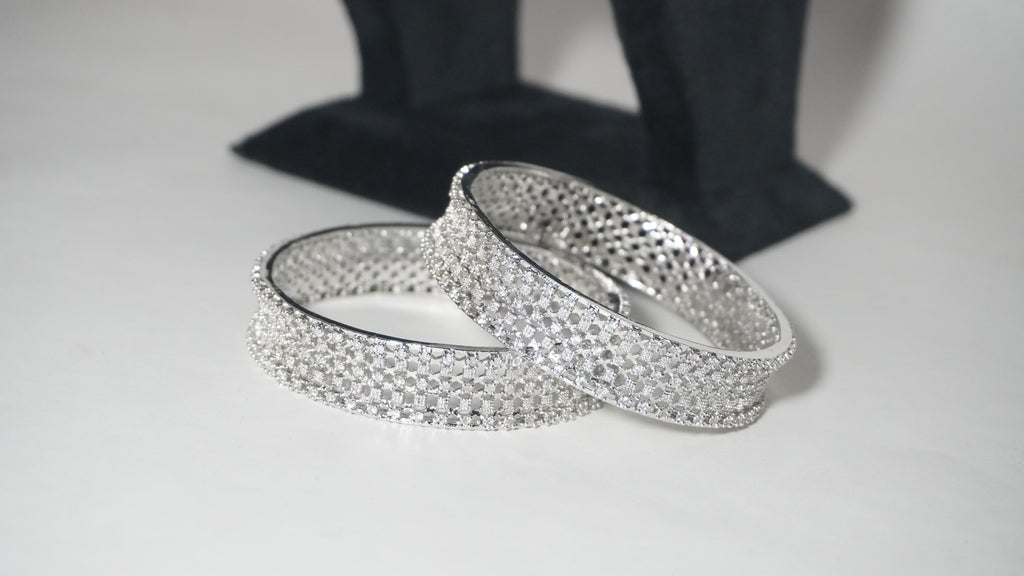 Dazzling Silver-Toned Honeycomb Lattice Kada Bangles Encrusted with Brilliant White Stones