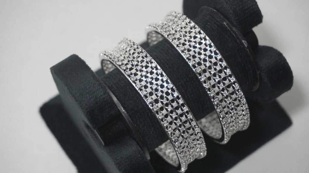 Dazzling Silver-Toned Honeycomb Lattice Kada Bangles Encrusted with Brilliant White Stones