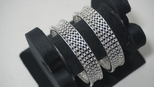 Dazzling Silver-Toned Honeycomb Lattice Kada Bangles Encrusted with Brilliant White Stones