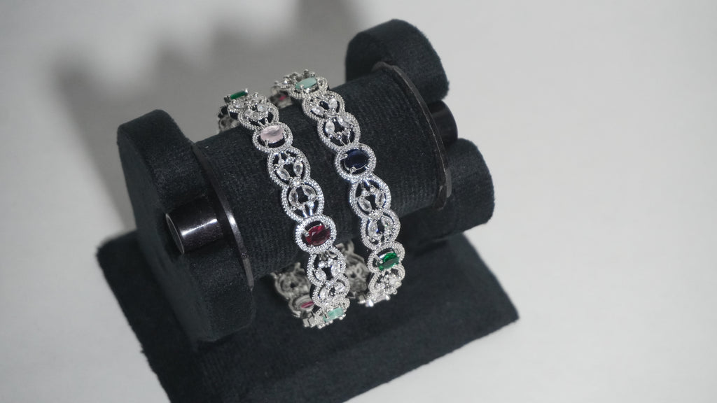 Sophisticated Silver-Toned Scalloped Kada Bangles with Multi-Color Ruby, Emerald, and Opal-Style Gemstones