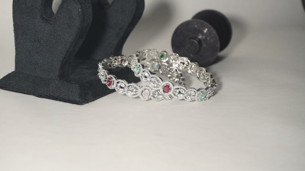 Sophisticated Silver-Toned Scalloped Kada Bangles with Multi-Color Ruby, Emerald, and Opal-Style Gemstones