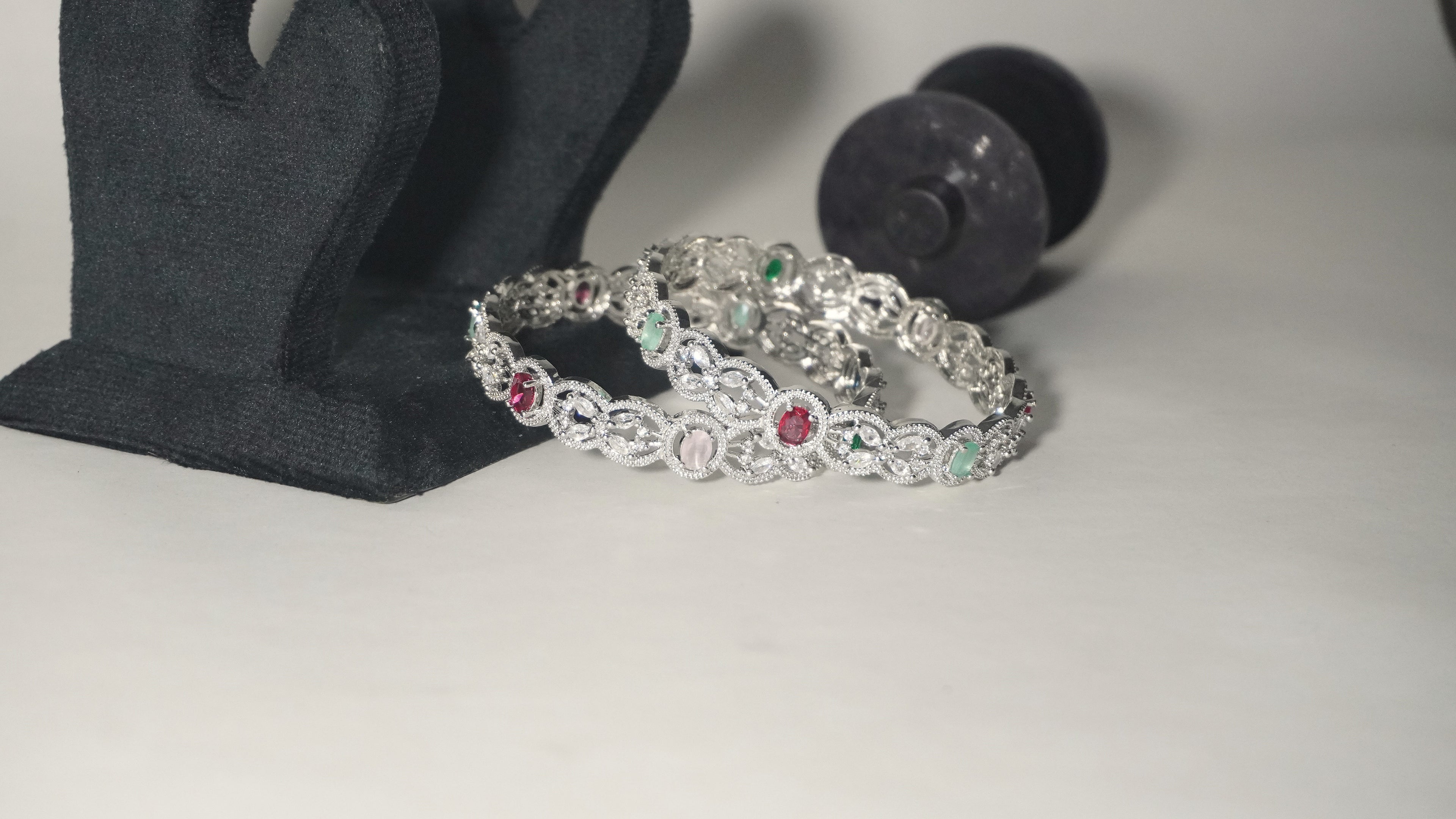 Sophisticated Silver-Toned Scalloped Kada Bangles with Multi-Color Ruby, Emerald, and Opal-Style Gemstones