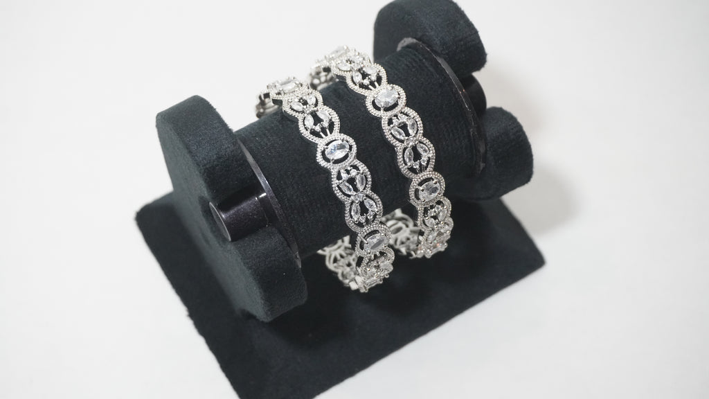 Elegant Silver-Toned Scalloped Kada Bangles with Intricate Marquise and Pave-Set White Stones