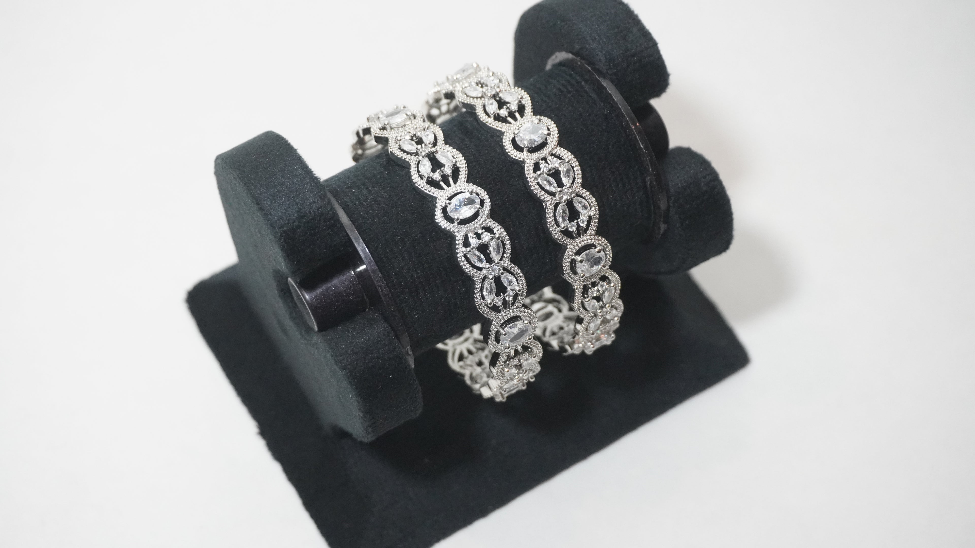 Elegant Silver-Toned Scalloped Kada Bangles with Intricate Marquise and Pave-Set White Stones