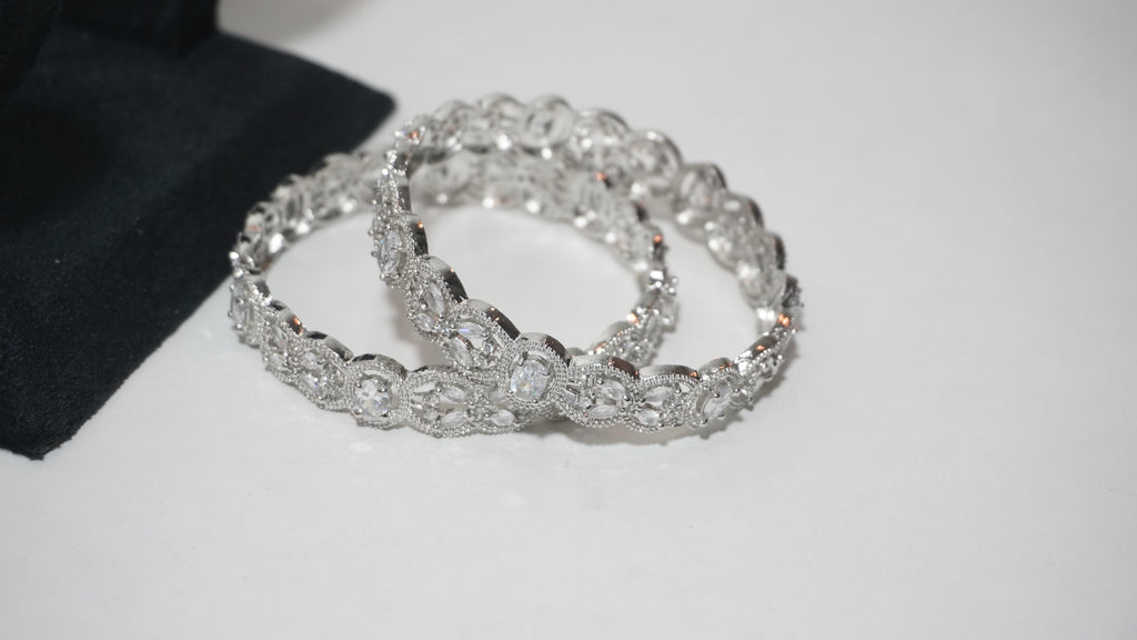 Elegant Silver-Toned Scalloped Kada Bangles with Intricate Marquise and Pave-Set White Stones