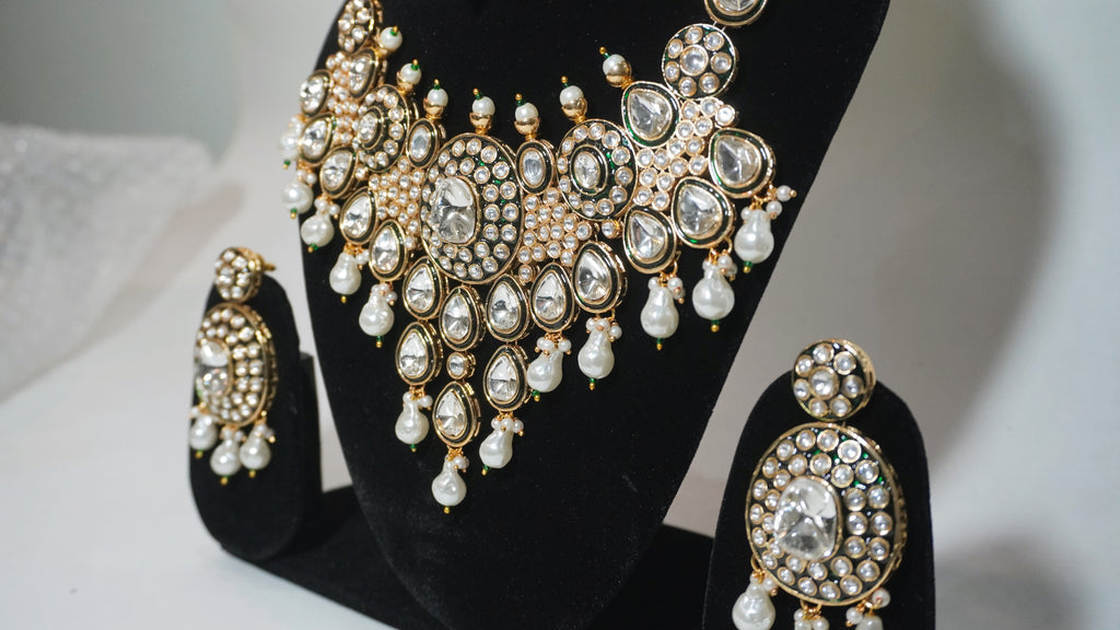 The Empress Meenakari Collection-Handcrafted Green & Gold Kundan Necklace with Matching Earrings & Maang Tikka