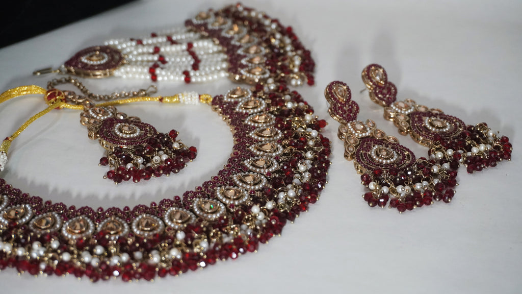 The Royal Rajputana Collection  -  Maroon & Gold Antique Kundan Bridal Set with Passa