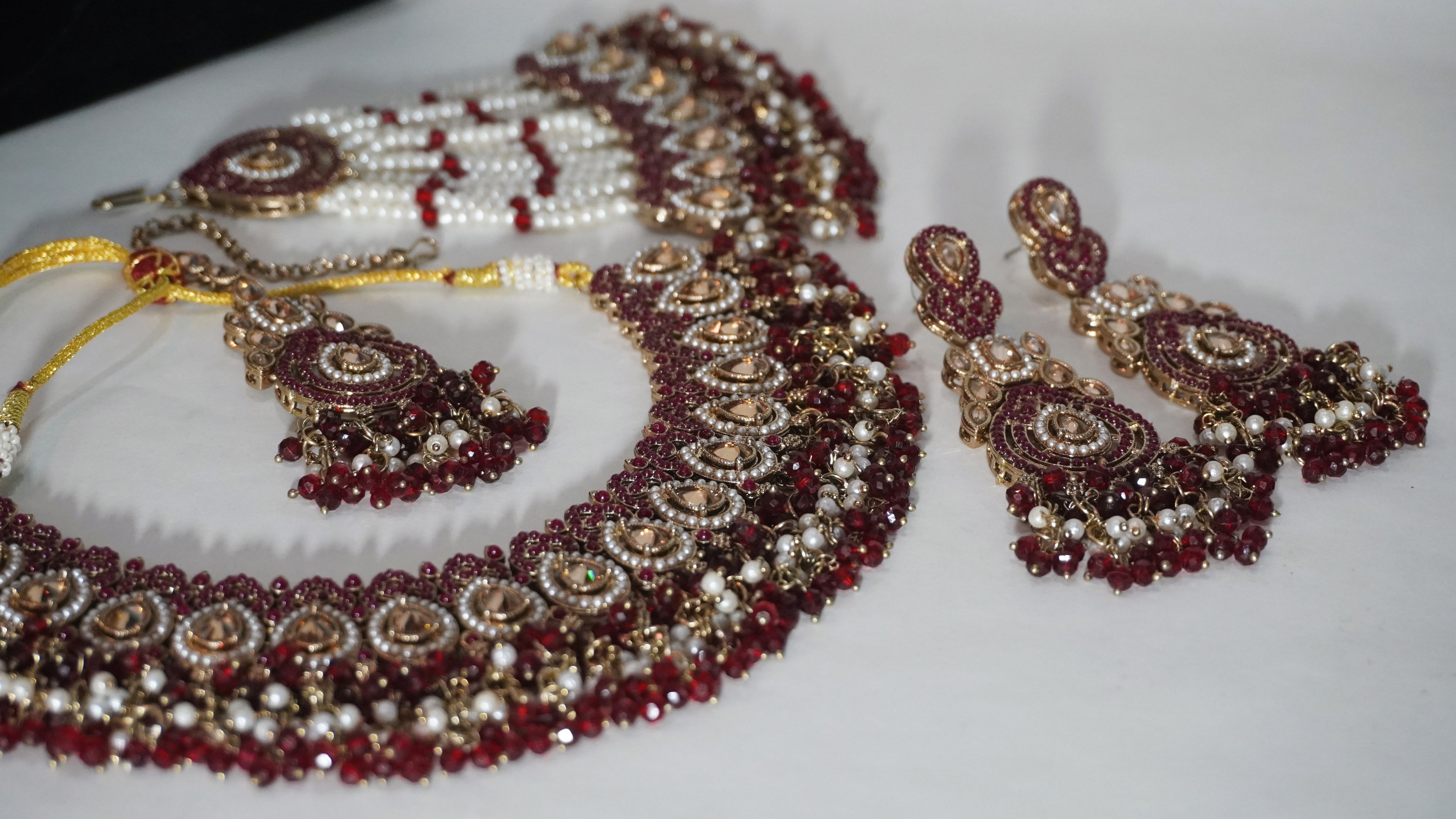 The Royal Rajputana Collection  -  Maroon & Gold Antique Kundan Bridal Set with Passa