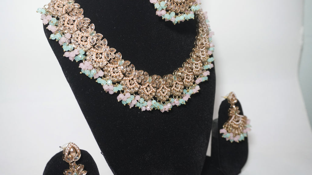 Mint & Peach Pastel Floral Choker Set with Maang Tikka – Rose Gold Plated Antique Filigree Jewelry