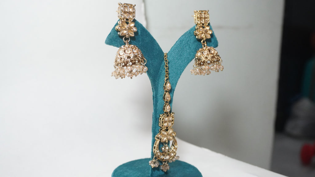 Antique Gold Kundan Choker Set with Jhumkas & Maang Tikka – Traditional Geometric Floral  Jewelry