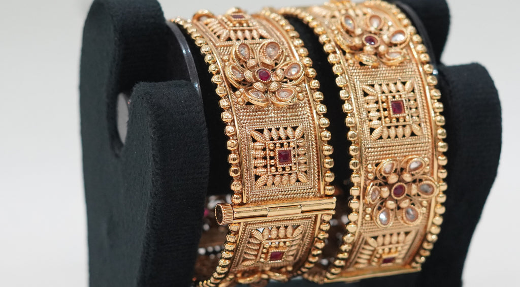 Antique Gold-Plated Broad Floral Kangan with Ruby Accents