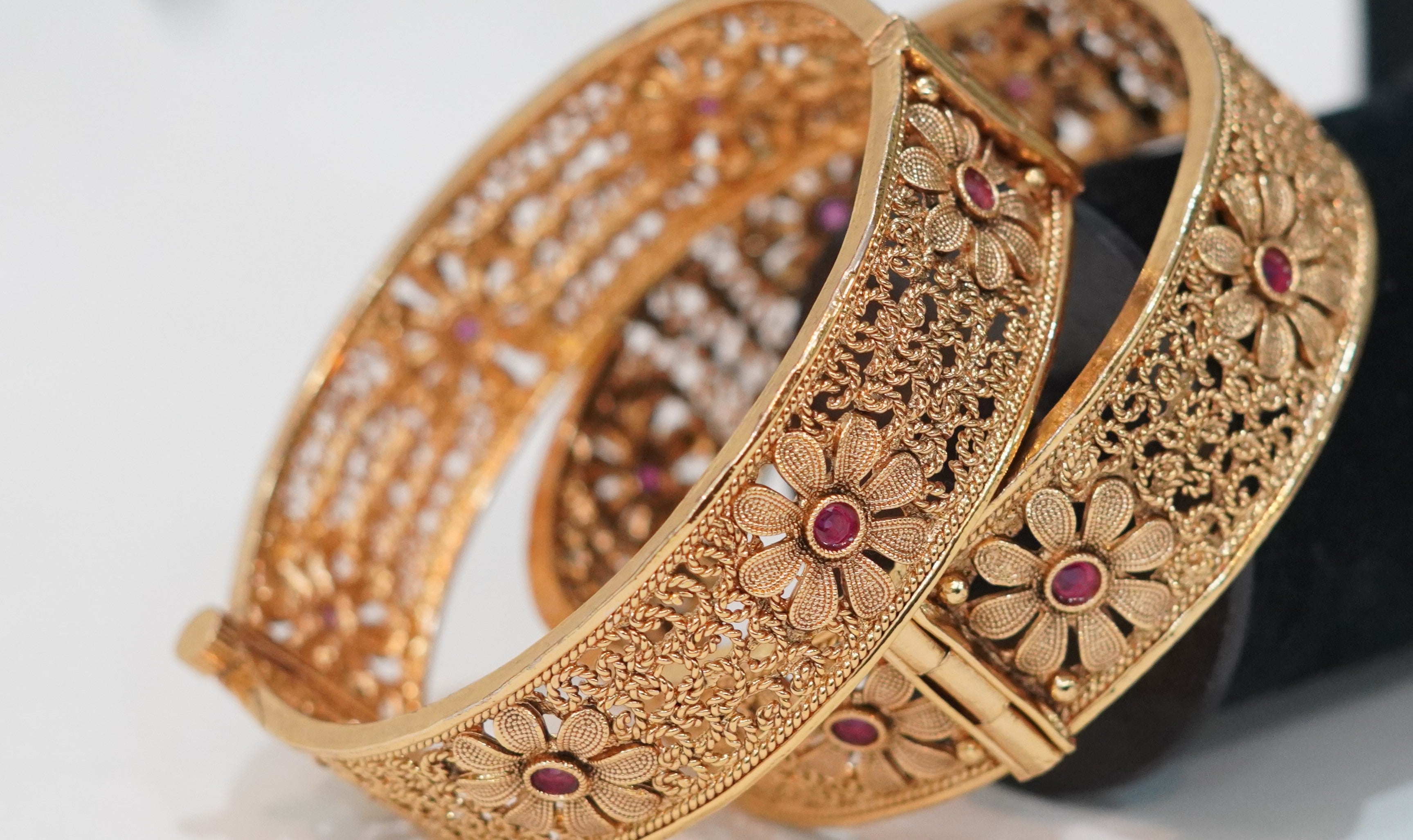 Gold-Plated Floral Filigree Bangles with Ruby Accents