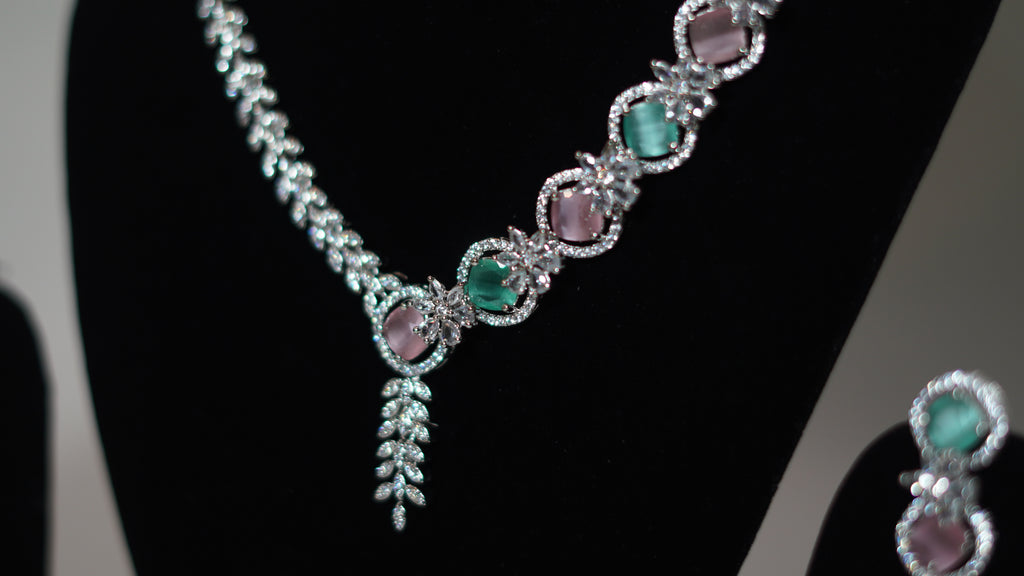 Silver-Plated Mint Green and Pink Stone AD Necklace with Earrings
