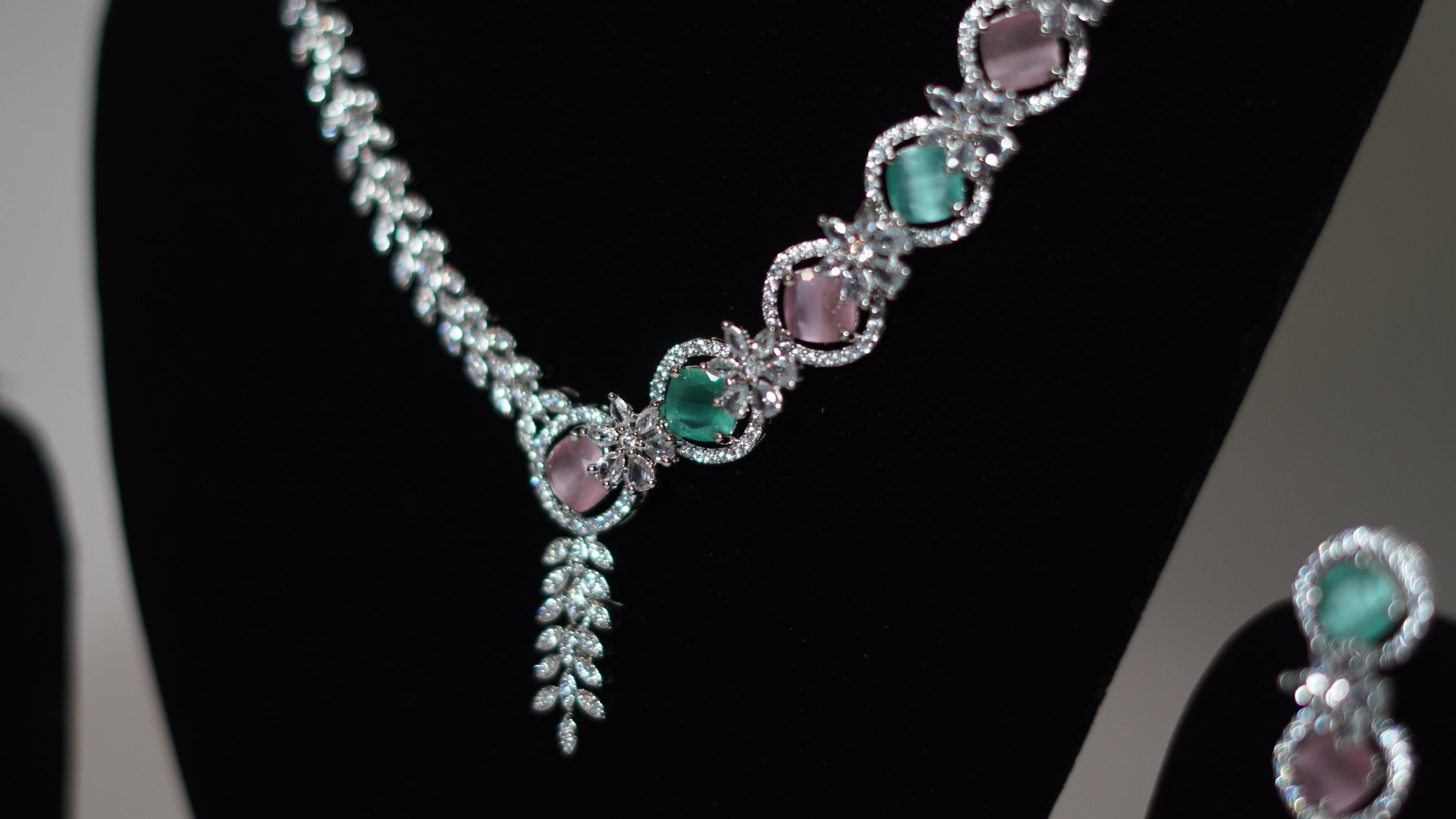 Silver-Plated Mint Green and Pink Stone AD Necklace with Earrings