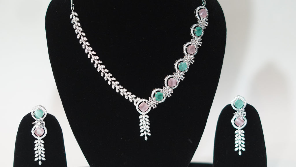 Silver-Plated Mint Green and Pink Stone AD Necklace with Earrings
