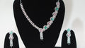 Silver-Plated Mint Green and Pink Stone AD Necklace with Earrings