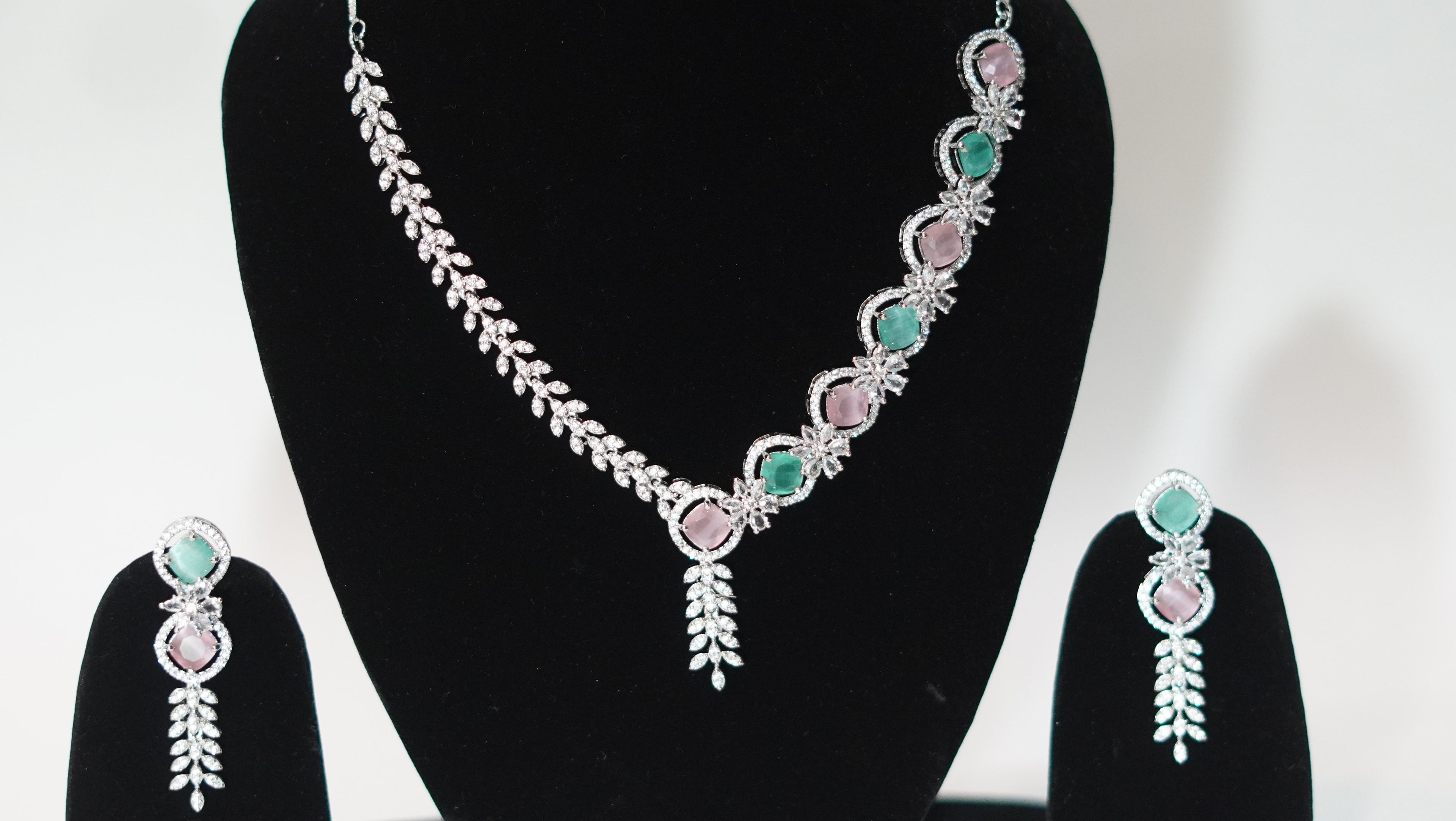 Silver-Plated Mint Green and Pink Stone AD Necklace with Earrings