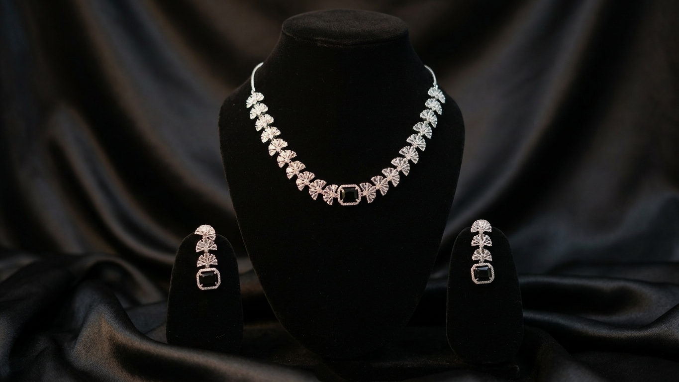 Silver-Plated Black Stone Floral AD Necklace with Matching Drop Earrings
