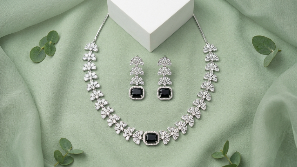 Silver-Plated Black Stone Floral AD Necklace with Matching Drop Earrings