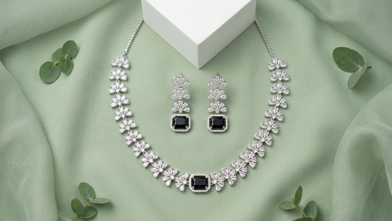 Silver-Plated Black Stone Floral AD Necklace with Matching Drop Earrings