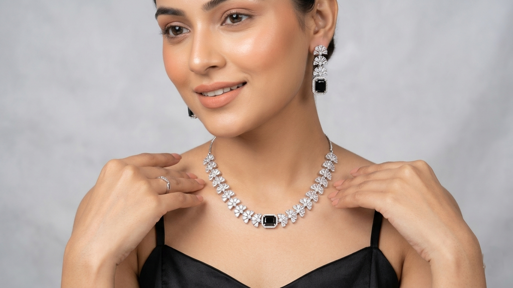 Silver-Plated Black Stone Floral AD Necklace with Matching Drop Earrings