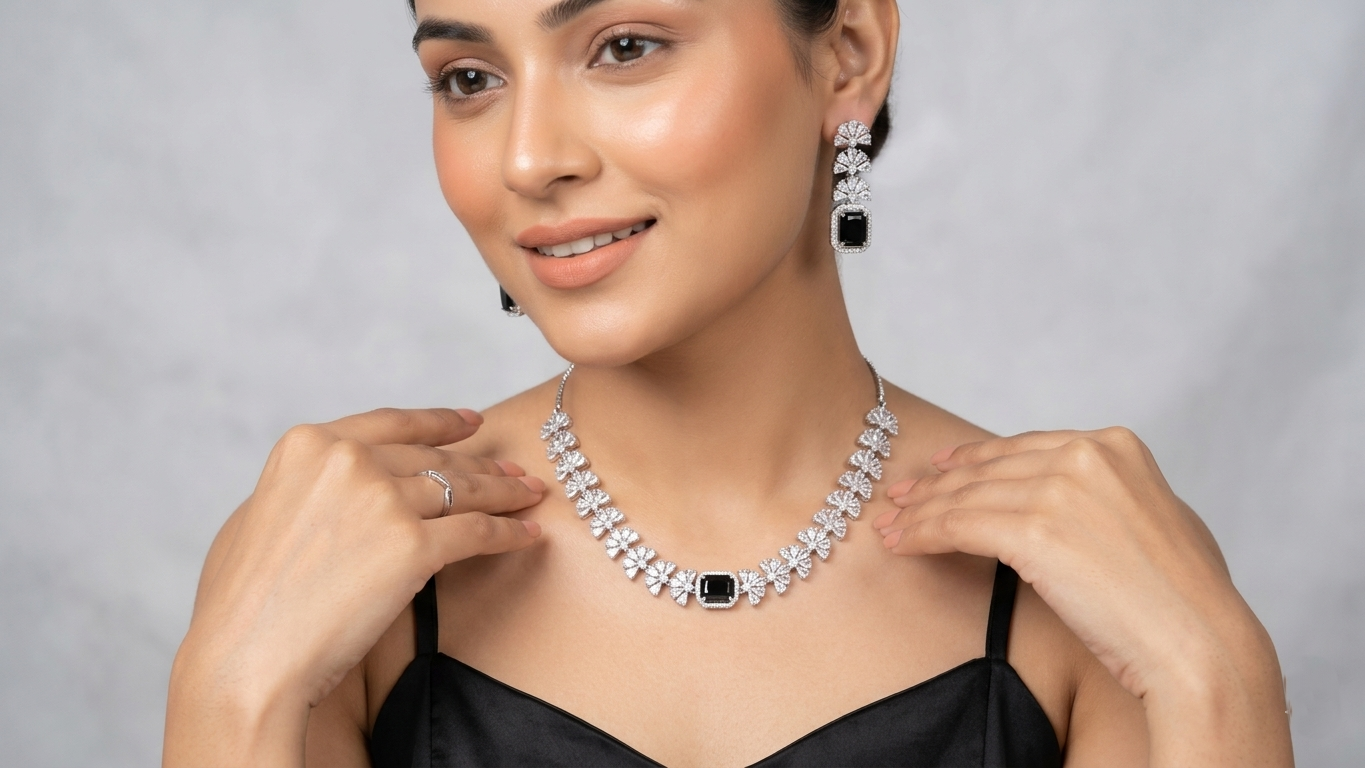 Silver-Plated Black Stone Floral AD Necklace with Matching Drop Earrings