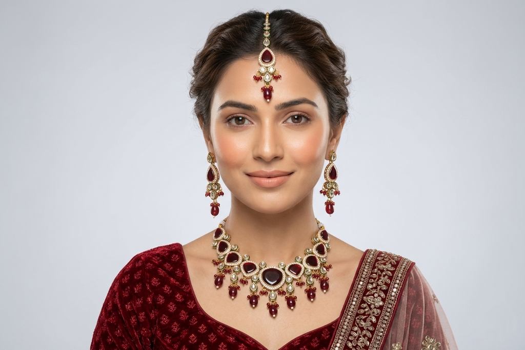 The Royal Maroon Monalisa Kundan Set – Necklace, Earrings & Maang Tikka