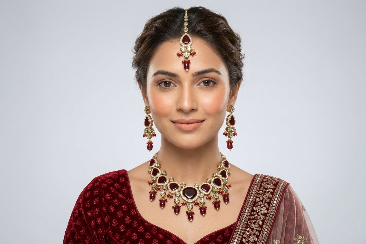 The Royal Maroon Monalisa Kundan Set – Necklace, Earrings & Maang Tikka