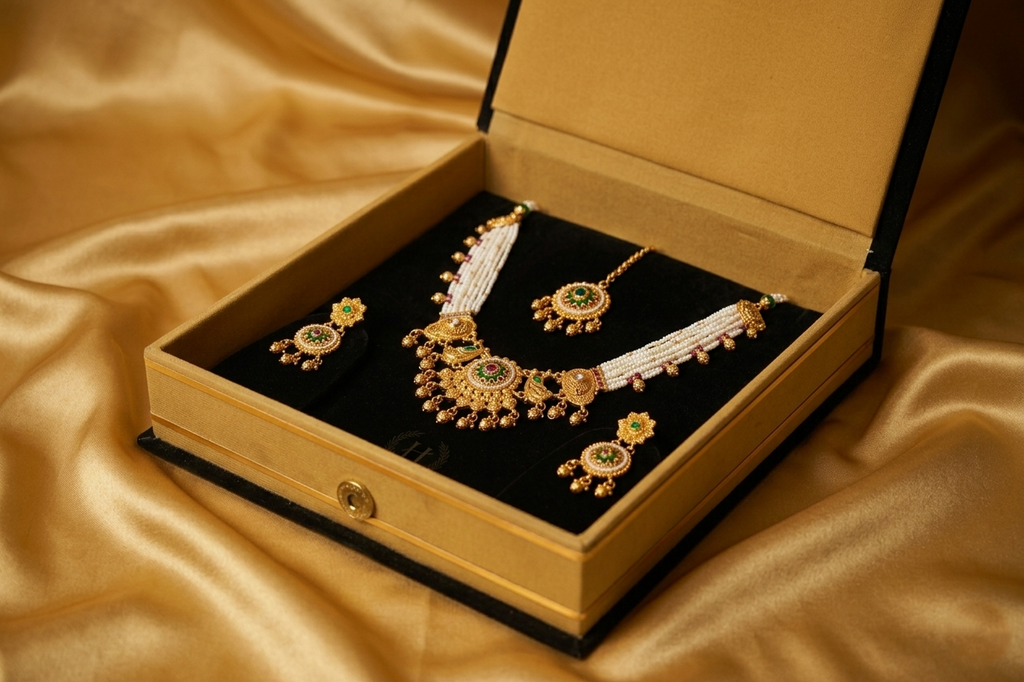 Royal Temple Pearl Necklace Set with Green & Ruby Stones in Antique Gold Finish