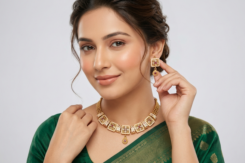 Geometric Crimson Kundan Set with Triple-Layer Beaded Chain