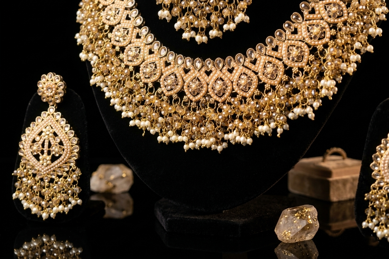 White Pearl Guchha Choker Set with Earrings, Tikka, and Jhumar (Passa)