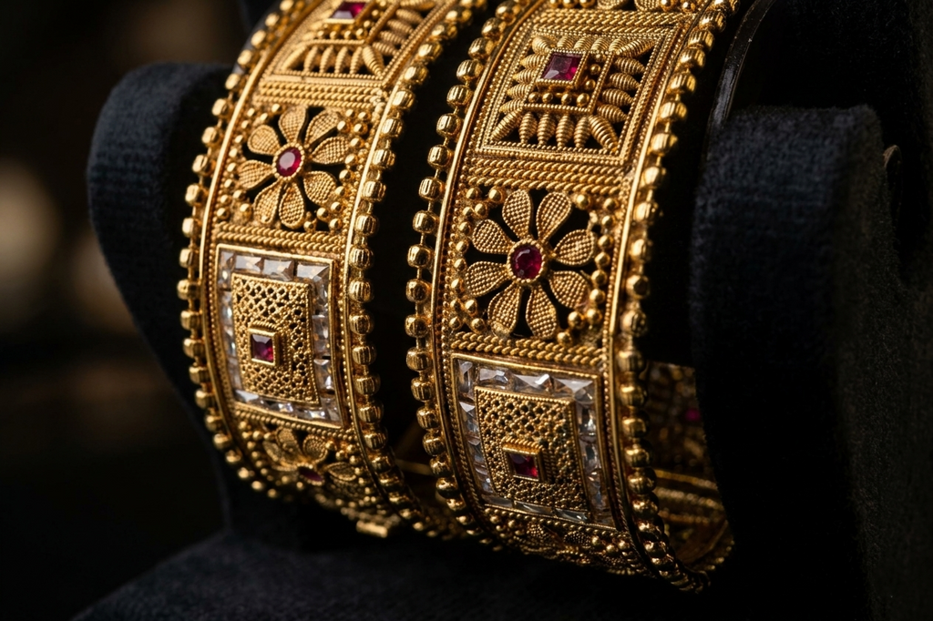 Antique Gold-Plated Rajwada Broad Kada with Ruby Stone Accents