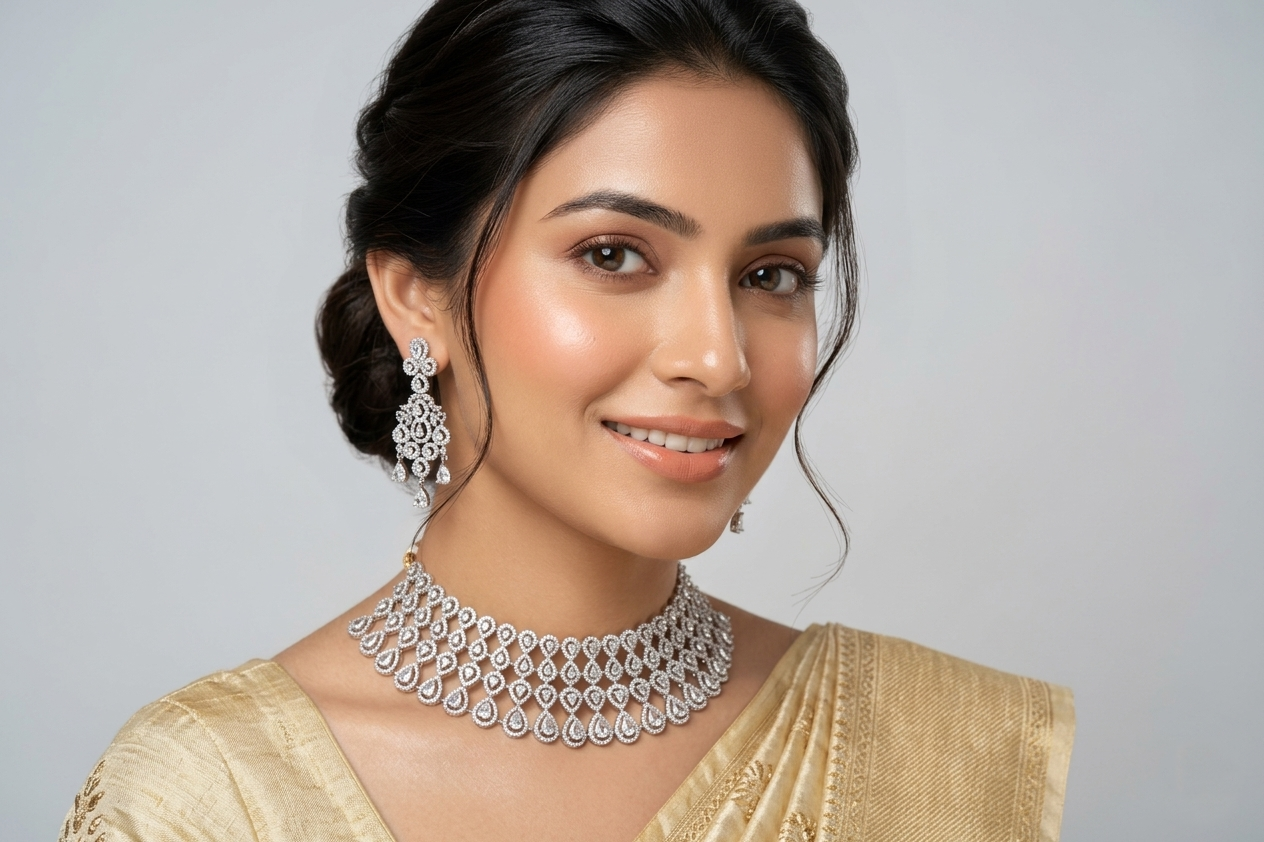 Elegant American Diamond Choker Necklace Set with Designer Earrings