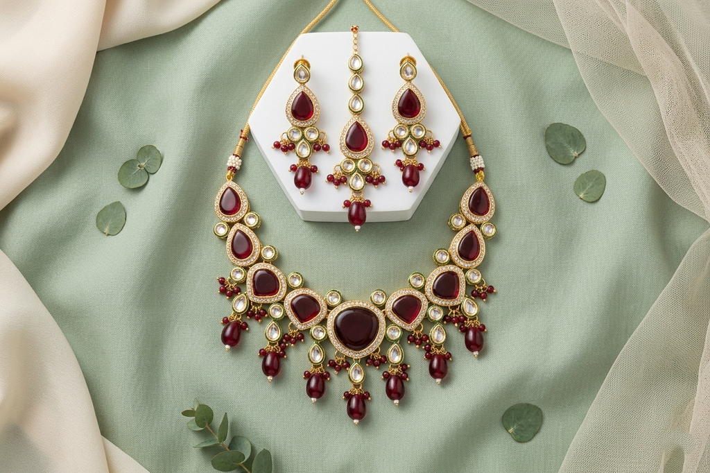 The Royal Maroon Monalisa Kundan Set – Necklace, Earrings & Maang Tikka