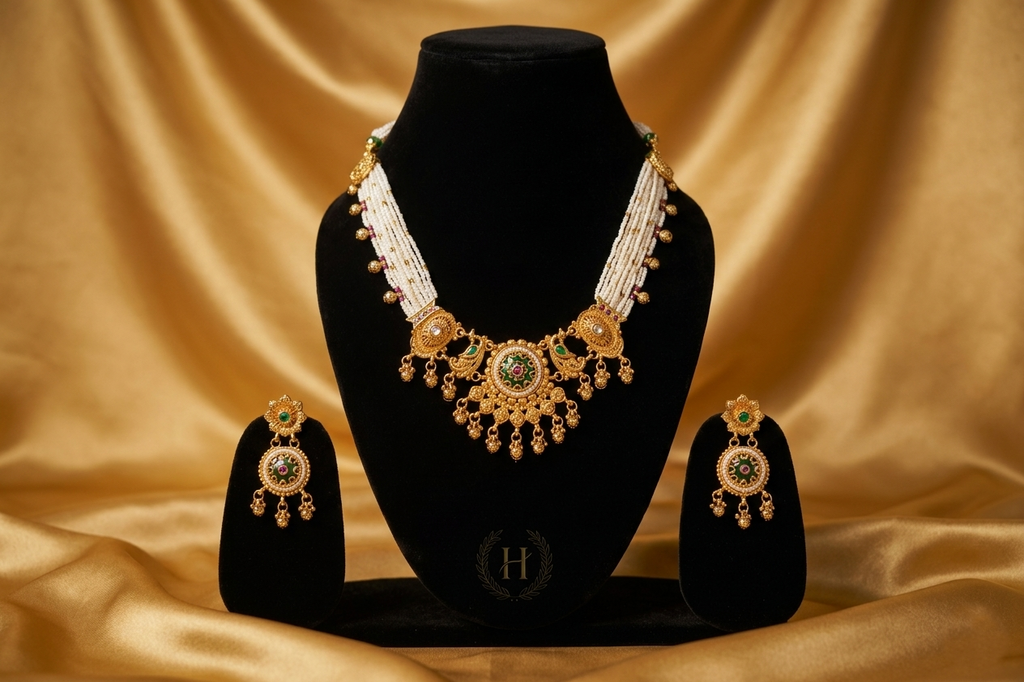 Royal Temple Pearl Necklace Set with Green & Ruby Stones in Antique Gold Finish