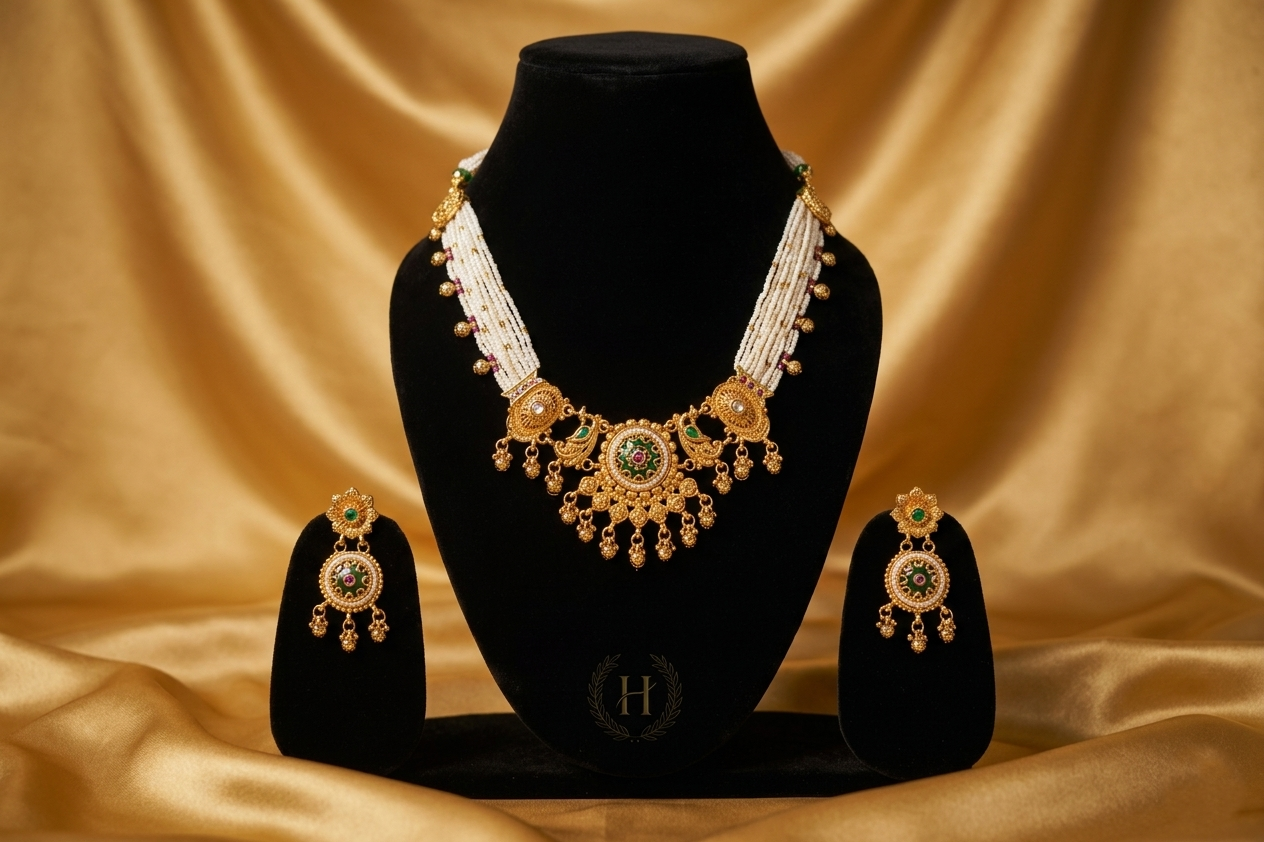 Royal Temple Pearl Necklace Set with Green & Ruby Stones in Antique Gold Finish