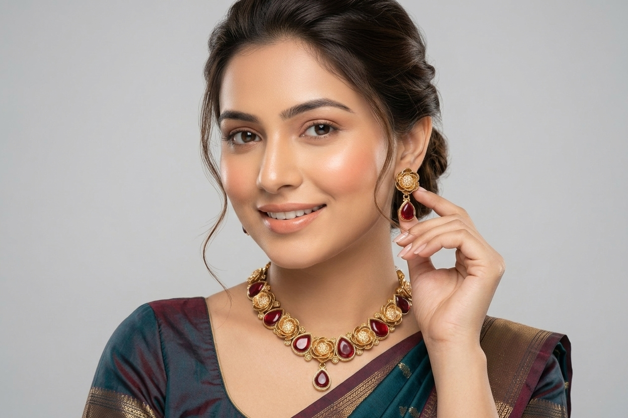 Royal Polki Necklace Set with Ruby-Colored Stones – Bridal Gold-Tone Jewelry Set with Earrings