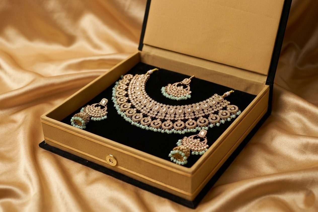 Designer Polki-Style Choker Necklace Set with Jhumka and Maang Tikka