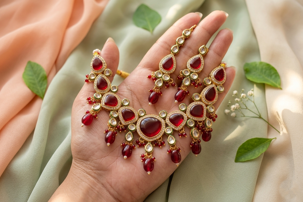 The Royal Maroon Monalisa Kundan Set – Necklace, Earrings & Maang Tikka