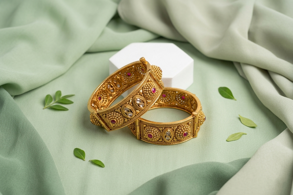 Antique Gold-Plated Rajwada Broad Kada with Ruby Stone Accents