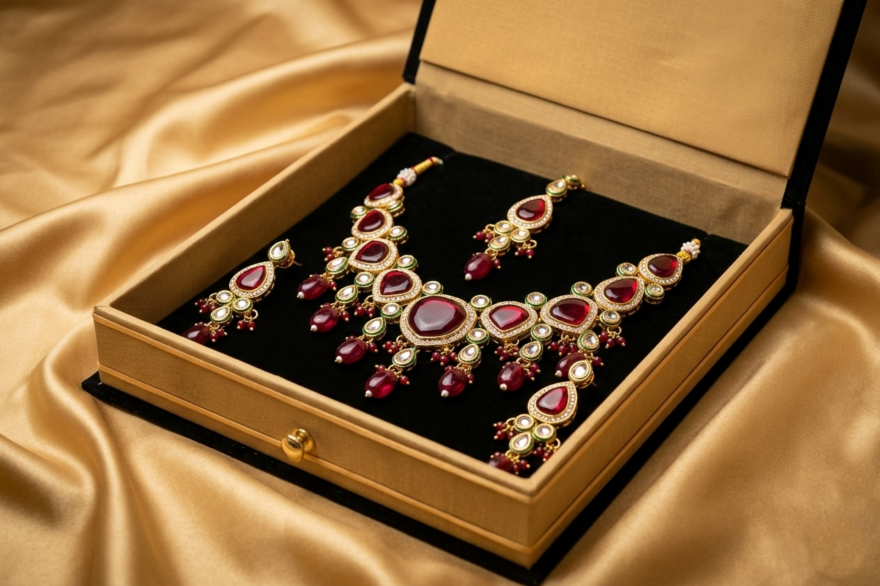 The Royal Maroon Monalisa Kundan Set – Necklace, Earrings & Maang Tikka