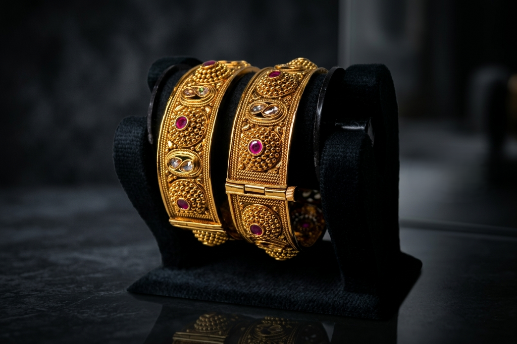 Antique Gold-Plated Rajwada Broad Kada with Ruby Stone Accents