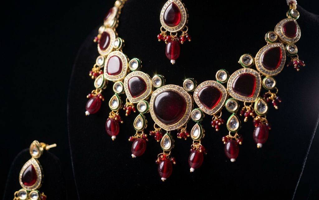 The Royal Maroon Monalisa Kundan Set – Necklace, Earrings & Maang Tikka