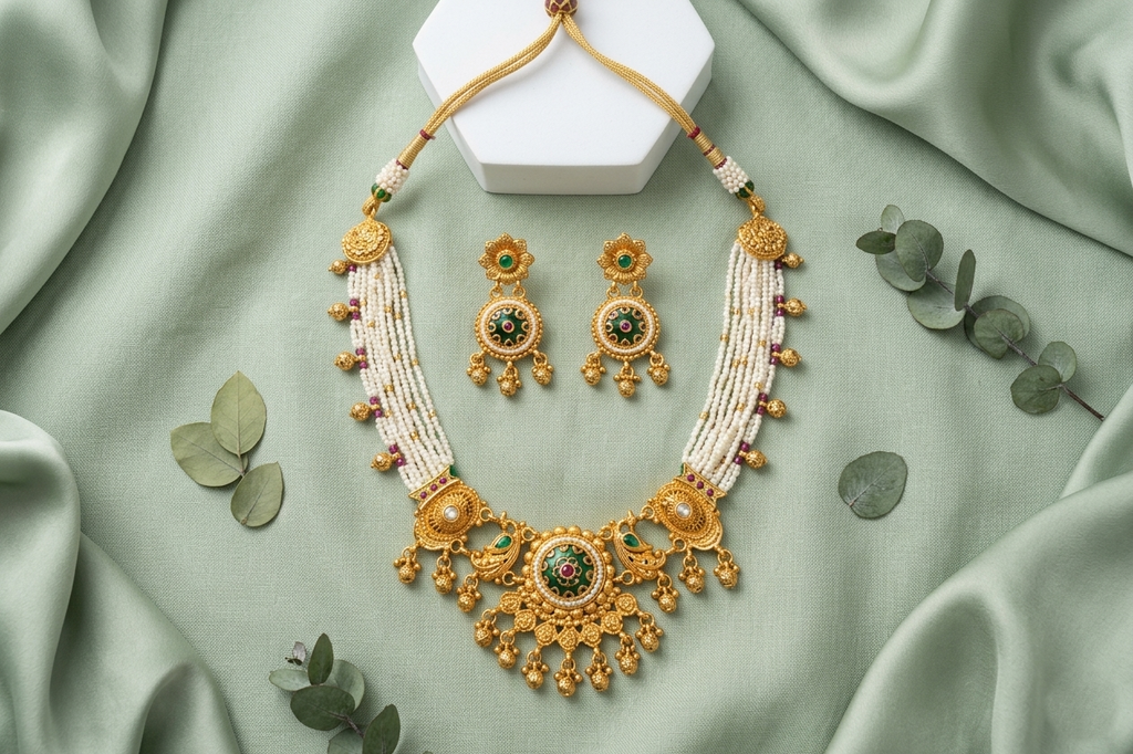 Royal Temple Pearl Necklace Set with Green & Ruby Stones in Antique Gold Finish