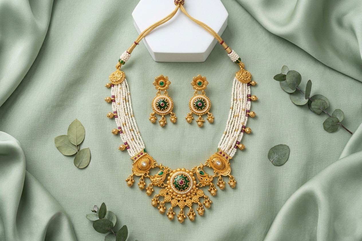 Royal Temple Pearl Necklace Set with Green & Ruby Stones in Antique Gold Finish