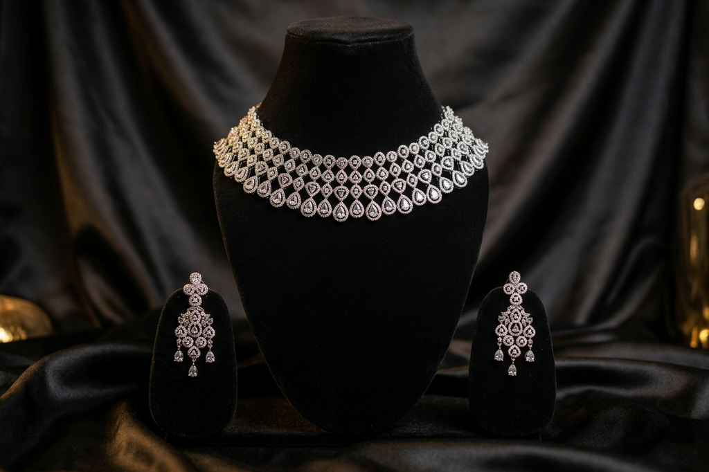 Elegant American Diamond Choker Necklace Set with Designer Earrings