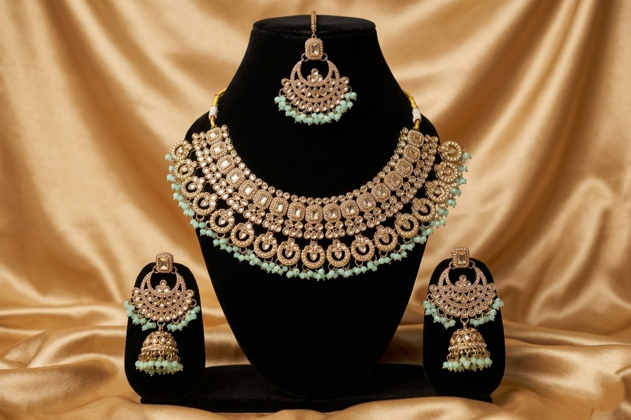 Designer Polki-Style Choker Necklace Set with Jhumka and Maang Tikka