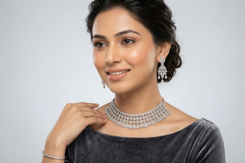 Elegant American Diamond Choker Necklace Set with Designer Earrings